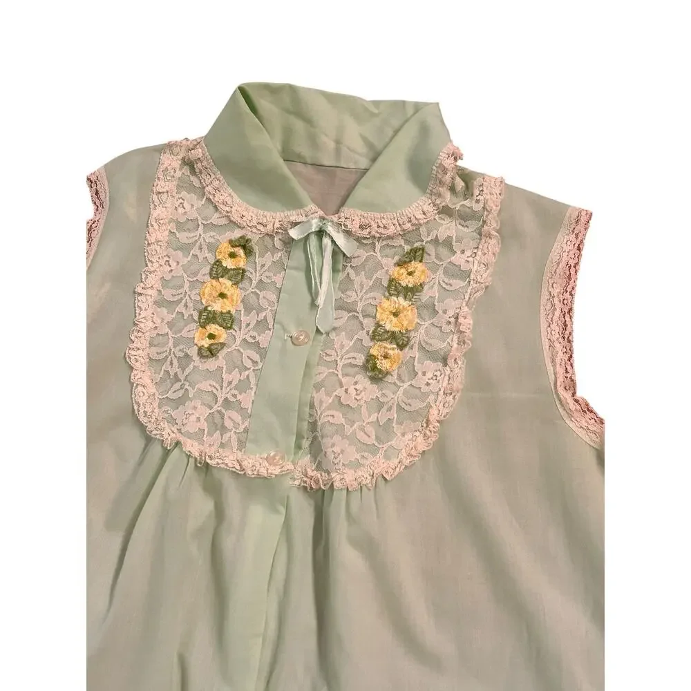 Vintage 1960s Mint Green Lace Cotton Nightgown Embroidered Floral Large -